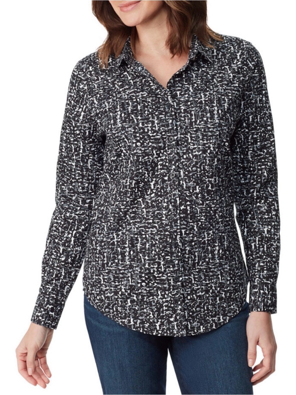 Gloria Vanderbilt Black and White Patterned Button-Down Shirt